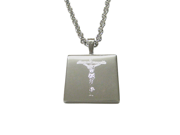 Silver Toned Etched Religious Crucifix Cross Pendant Necklace