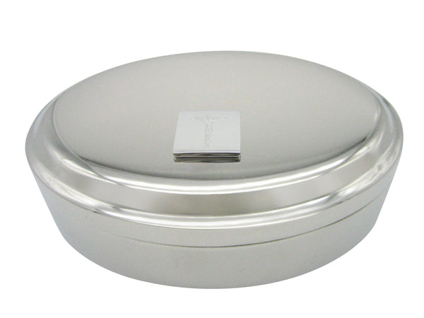 Silver Toned Etched Religious Crucifix Cross Pendant Oval Trinket Jewelry Box