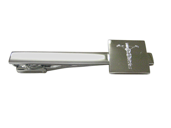 Silver Toned Etched Religious Crucifix Cross Square Tie Clip