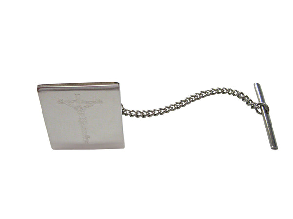 Silver Toned Etched Religious Crucifix Cross Tie Tack