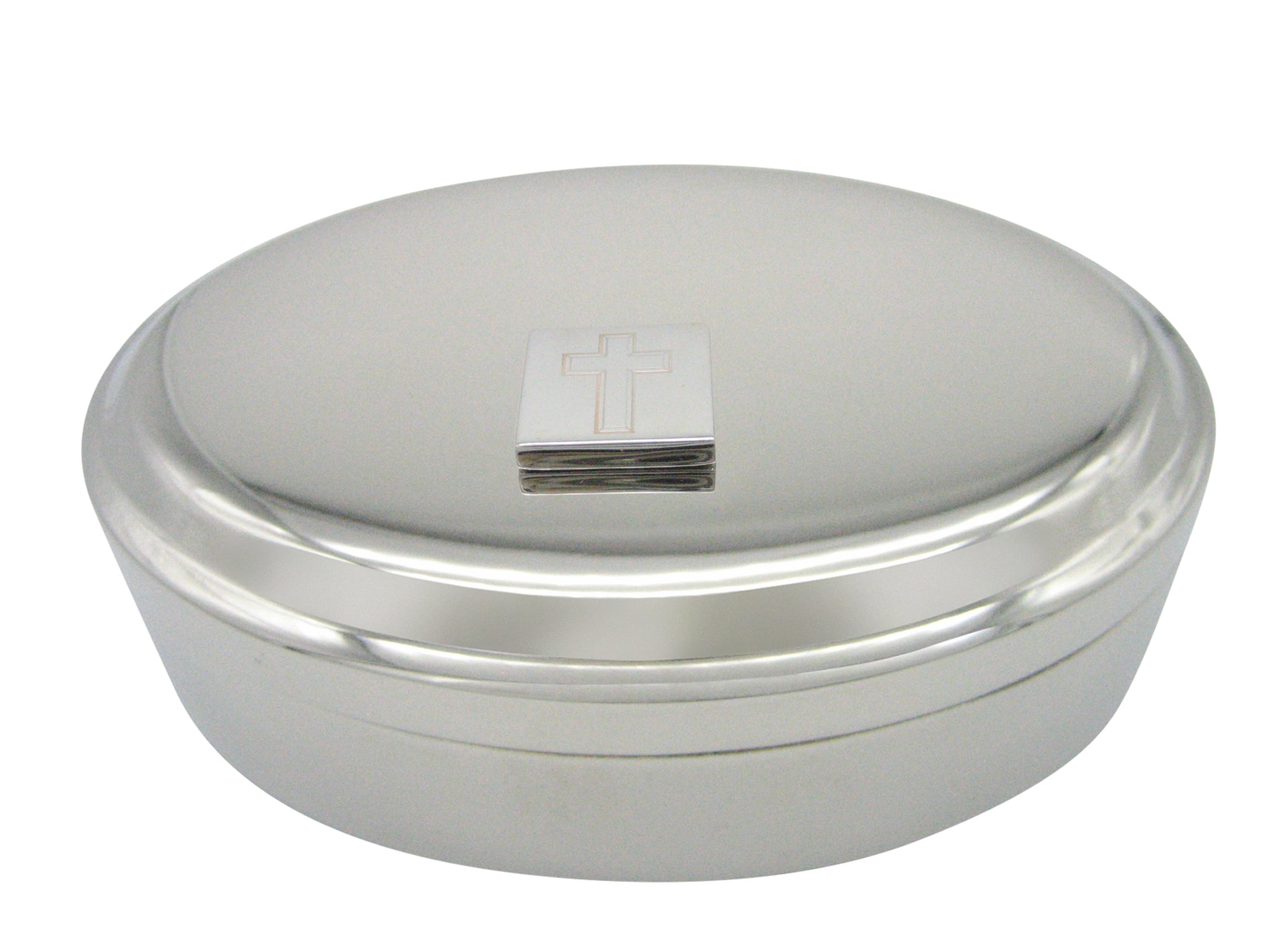 Silver Toned Etched Religious Double Cross Pendant Oval Trinket Jewelry Box