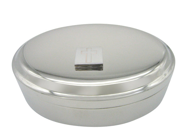 Silver Toned Etched Religious Double Cross Pendant Oval Trinket Jewelry Box