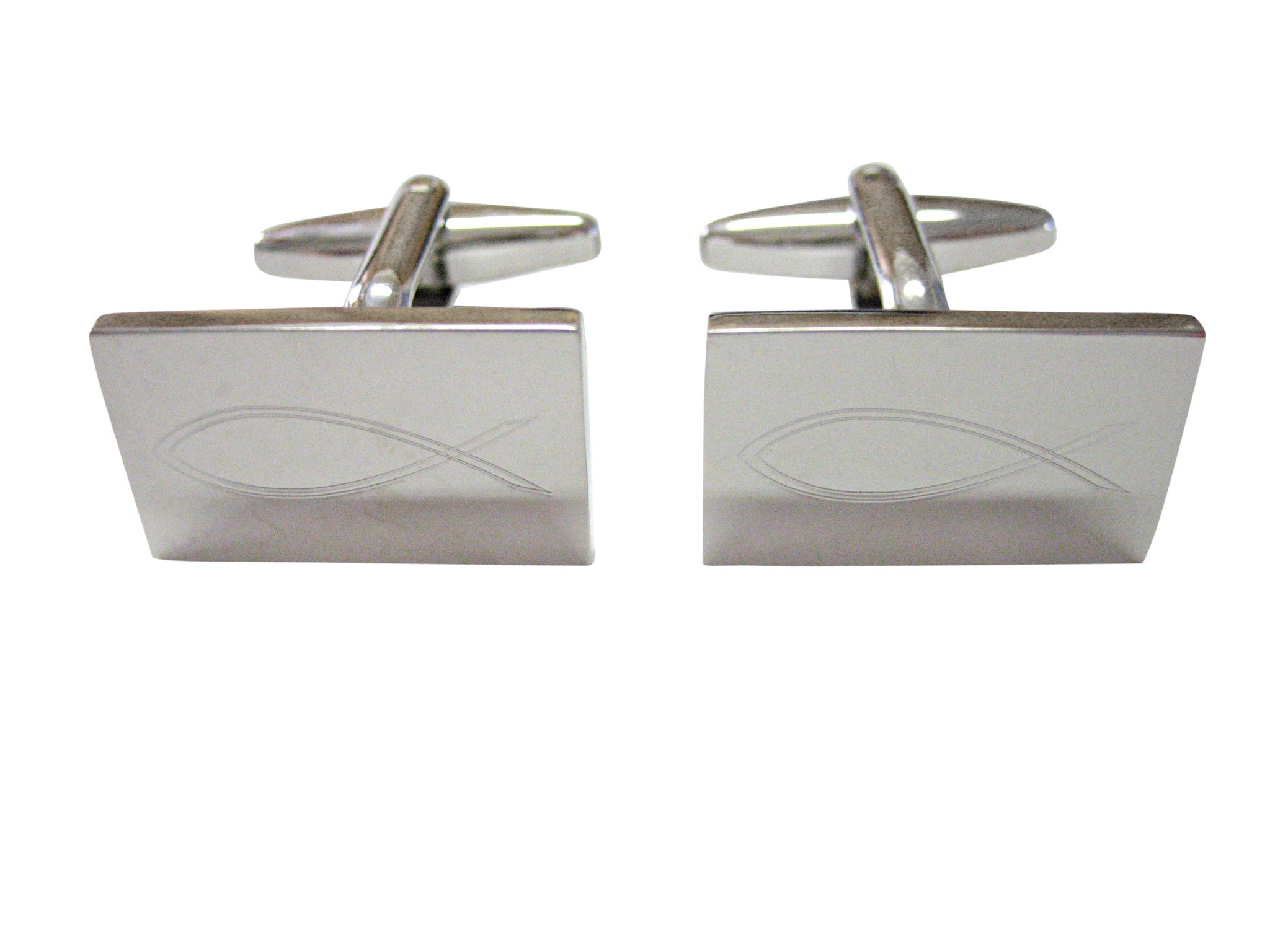 Silver Toned Etched Religious Ichthys Fish Cufflinks