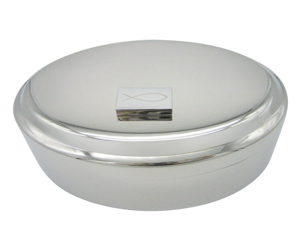 Silver Toned Etched Religious Ichthys Fish Pendant Oval Trinket Jewelry Box