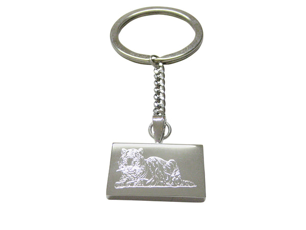 Silver Toned Etched Resting Tiger Keychain
