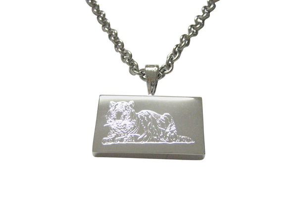 Silver Toned Etched Resting Tiger Pendant Necklace