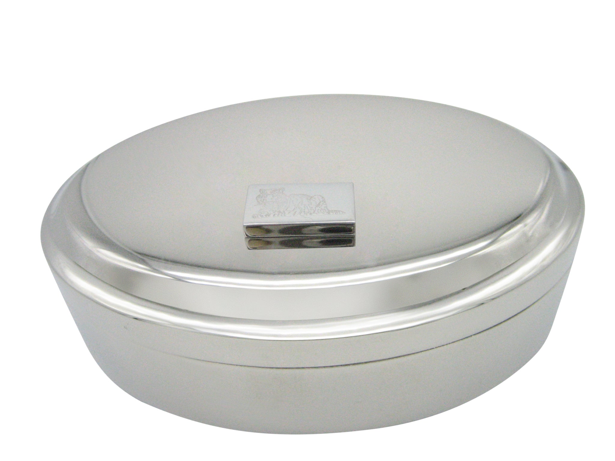 Silver Toned Etched Resting Tiger Pendant Oval Trinket Jewelry Box