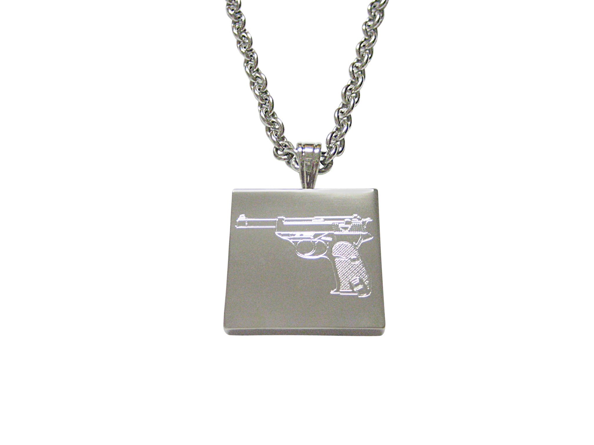 Silver Toned Etched Retro Handgun Pendant Necklace