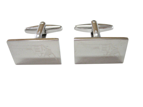 Silver Toned Etched Revolver Gun Pistol Cufflinks