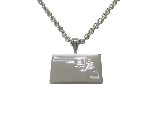 Silver Toned Etched Revolver Gun Pistol Pendant Necklace