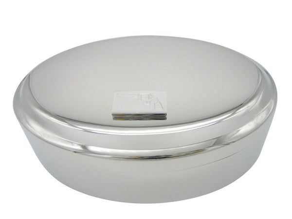 Silver Toned Etched Revolver Gun Pistol Pendant Oval Trinket Jewelry Box