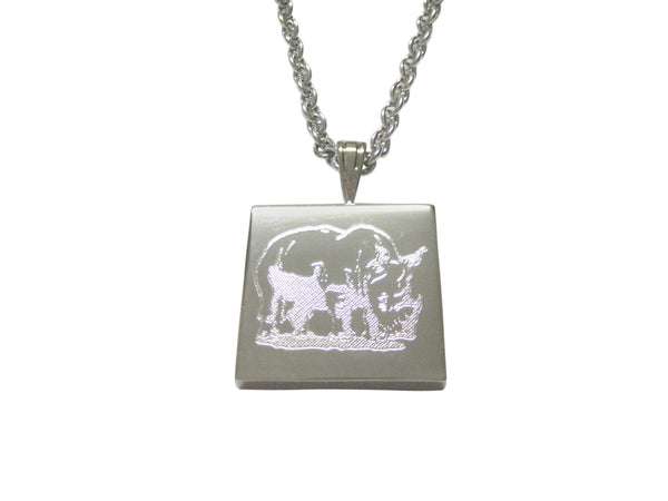 Silver Toned Etched Rhino Pendant Necklace