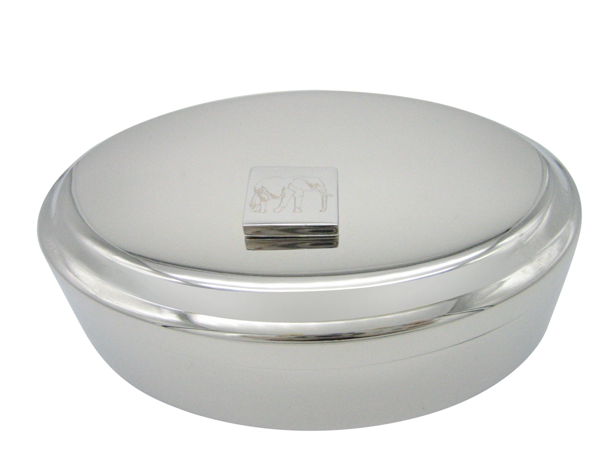 Silver Toned Etched Right Facing Elephant Pendant Oval Trinket Jewelry Box