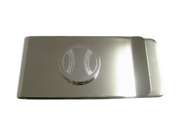 Silver Toned Etched Round Baseball Pendant Money Clip