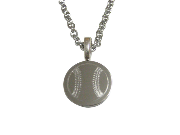 Silver Toned Etched Round Baseball Pendant Necklace