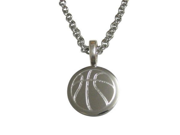 Silver Toned Etched Round Basketball Pendant Necklace