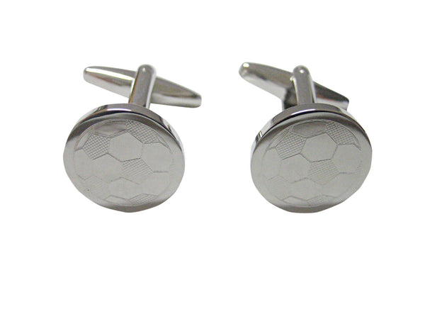 Silver Toned Etched Round Soccer Ball Pendant Cufflinks