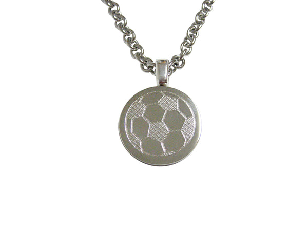 Silver Toned Etched Round Soccer Ball Pendant Necklace