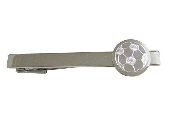 Silver Toned Etched Round Soccer Ball Square Tie Clip