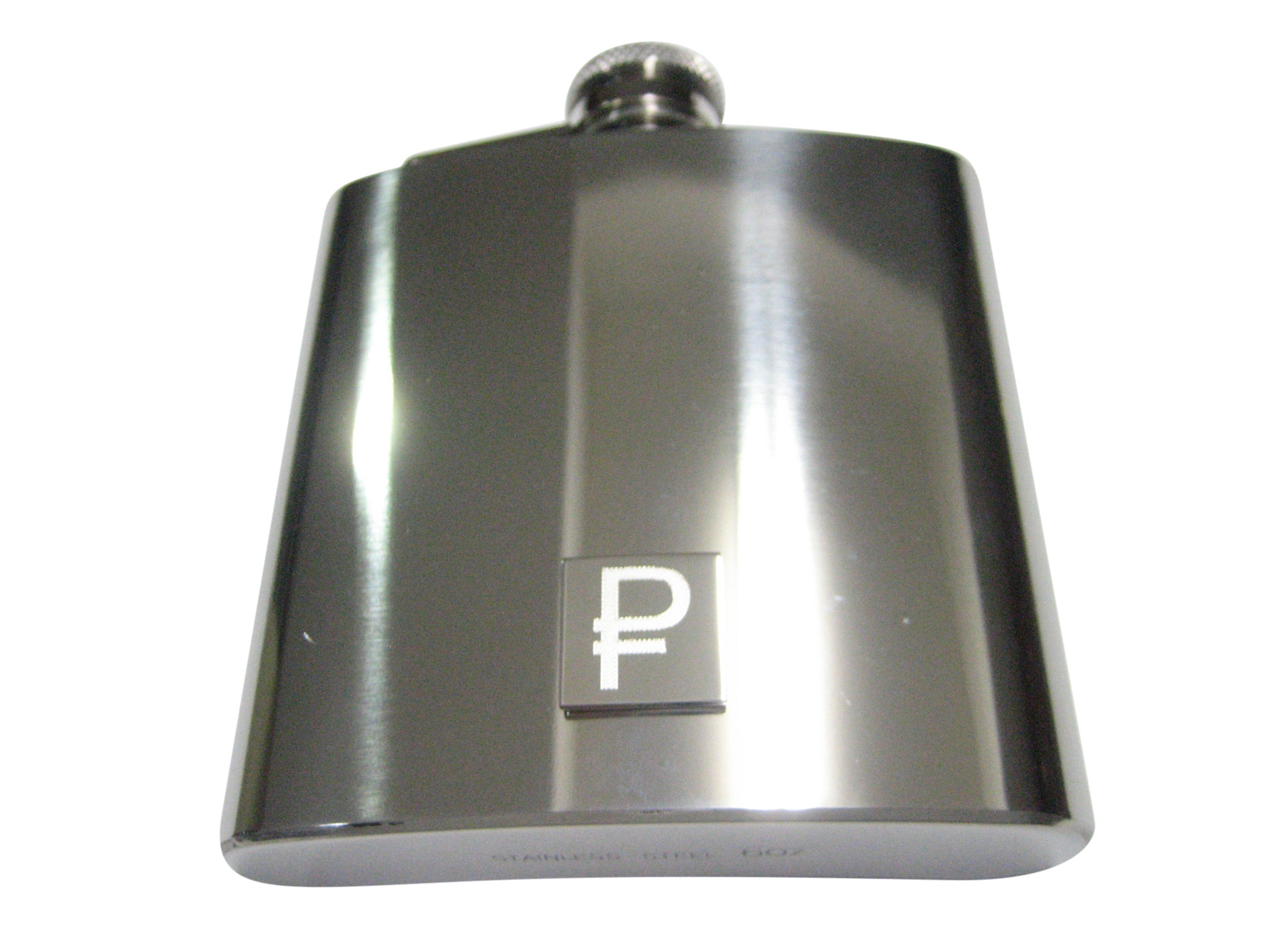 Silver Toned Etched Russian Ruble Currency Sign Pendant 6oz Flask