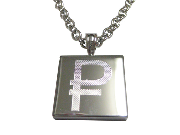 Silver Toned Etched Russian Ruble Currency Sign Pendant Necklace