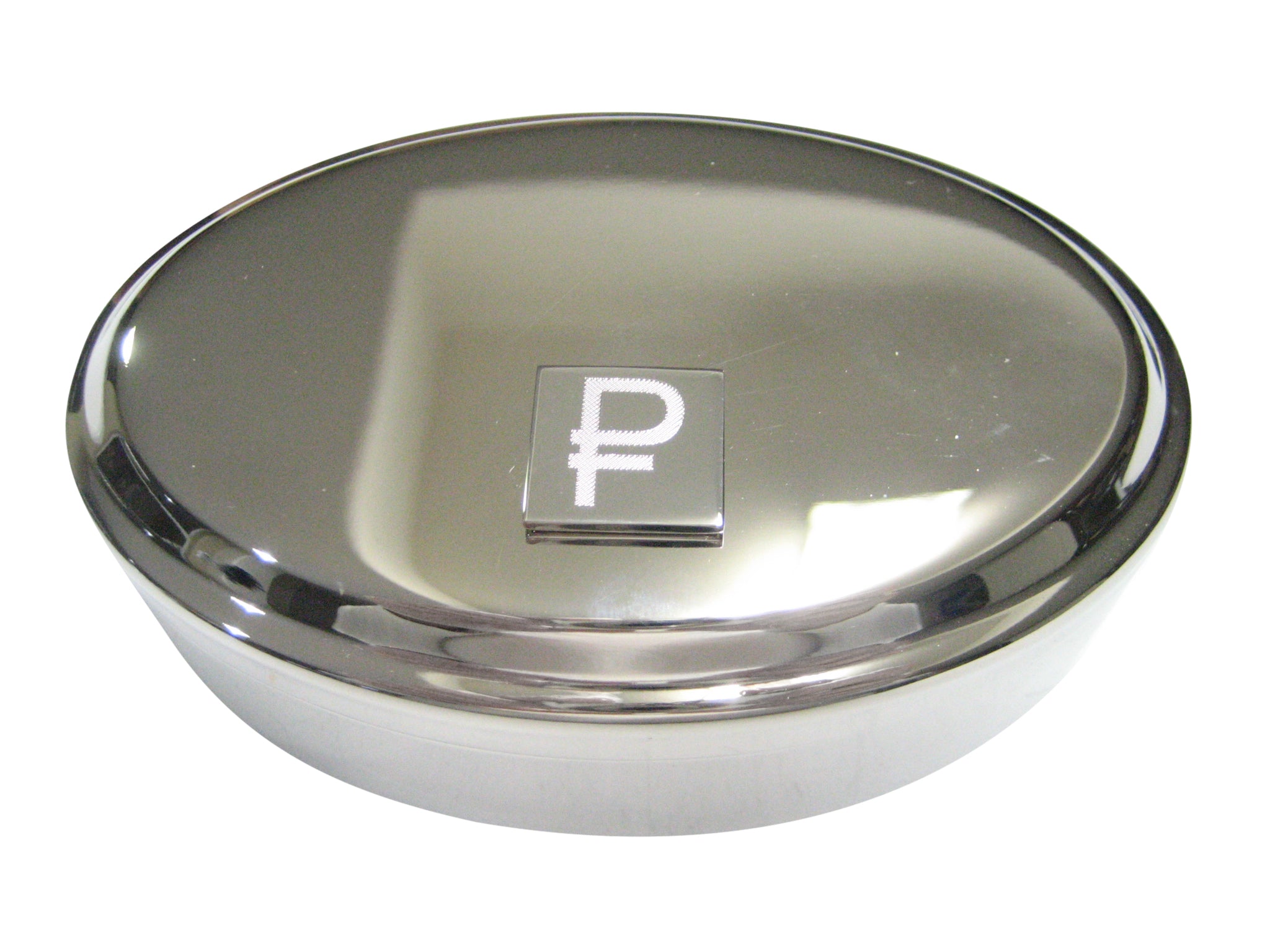 Silver Toned Etched Russian Ruble Currency Sign Pendant Oval Trinket Jewelry Box
