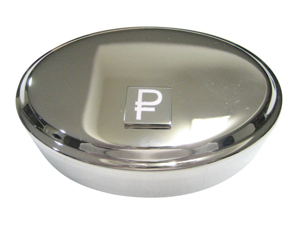Silver Toned Etched Russian Ruble Currency Sign Pendant Oval Trinket Jewelry Box