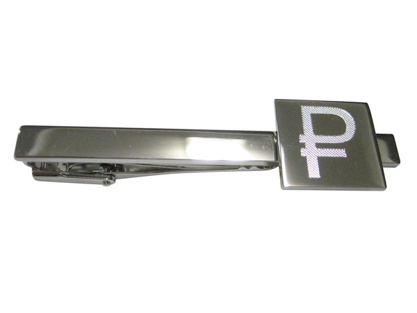 Silver Toned Etched Russian Ruble Currency Sign Pendant Tie Clip