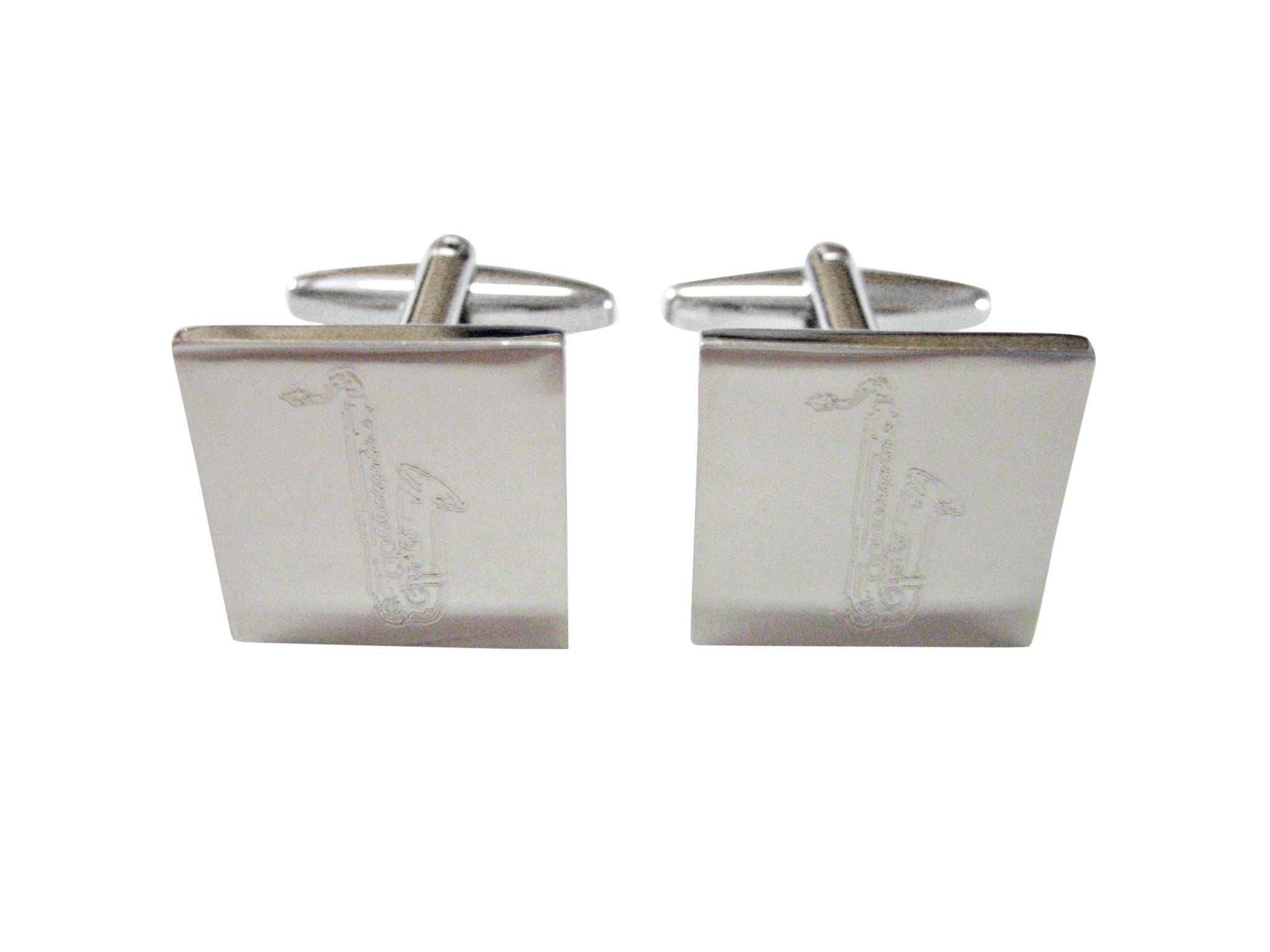 Silver Toned Etched Saxophone Music Instrument Cufflinks