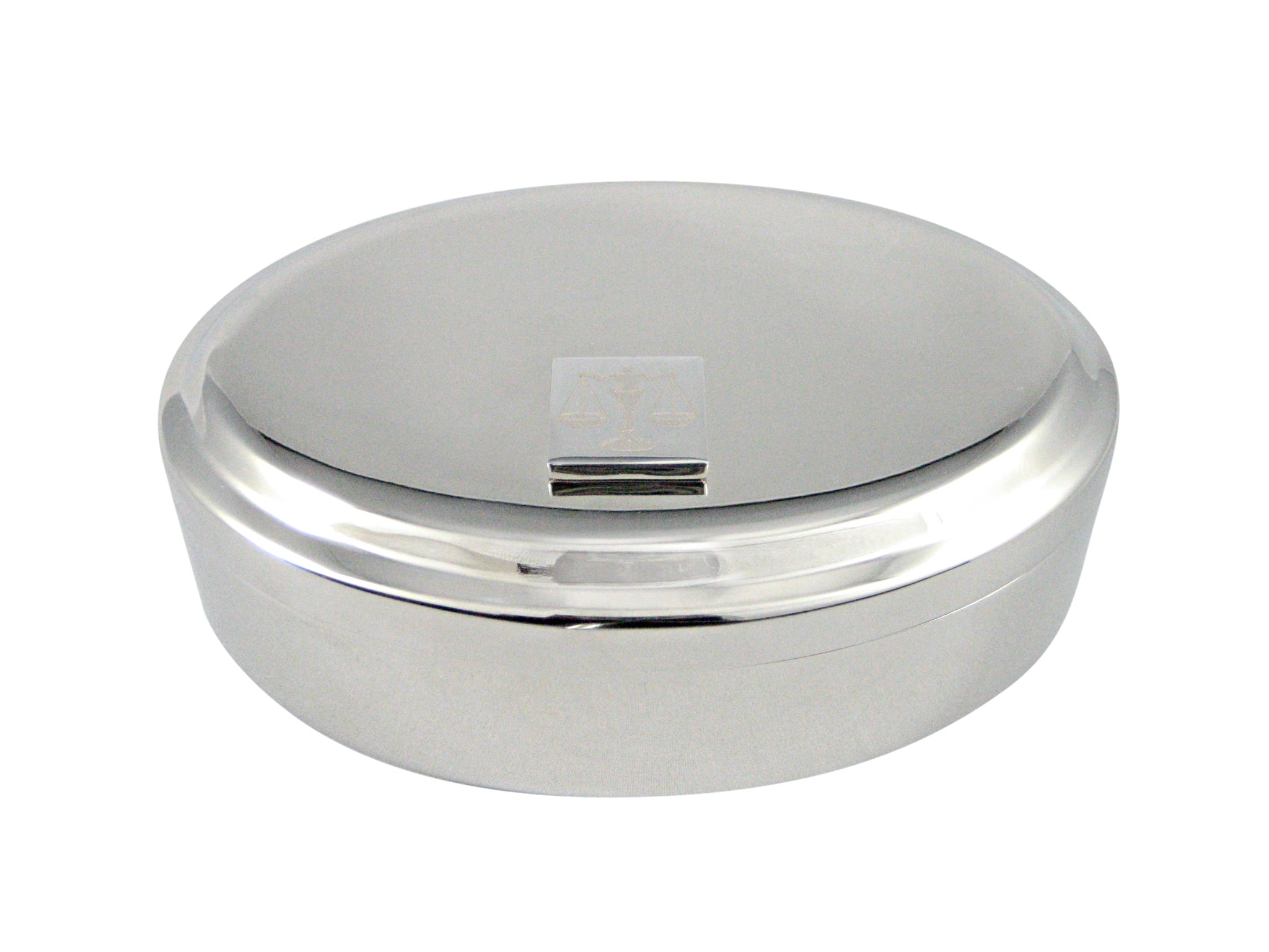 Silver Toned Etched Scale of Justice Law Pendant Oval Trinket Jewelry Box