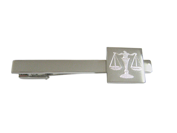 Silver Toned Etched Scale of Justice Law Square Tie Clip