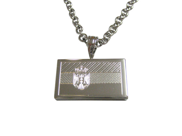 Silver Toned Etched Serbia Flag Pendant Necklace
