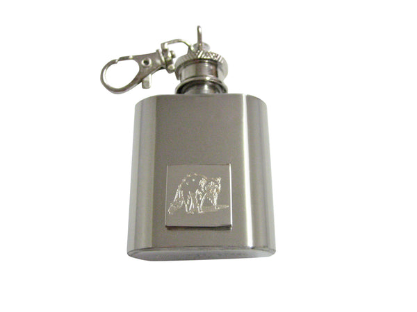 Silver Toned Etched Shaded Raccoon 1 Oz. Stainless Steel Key Chain Flask