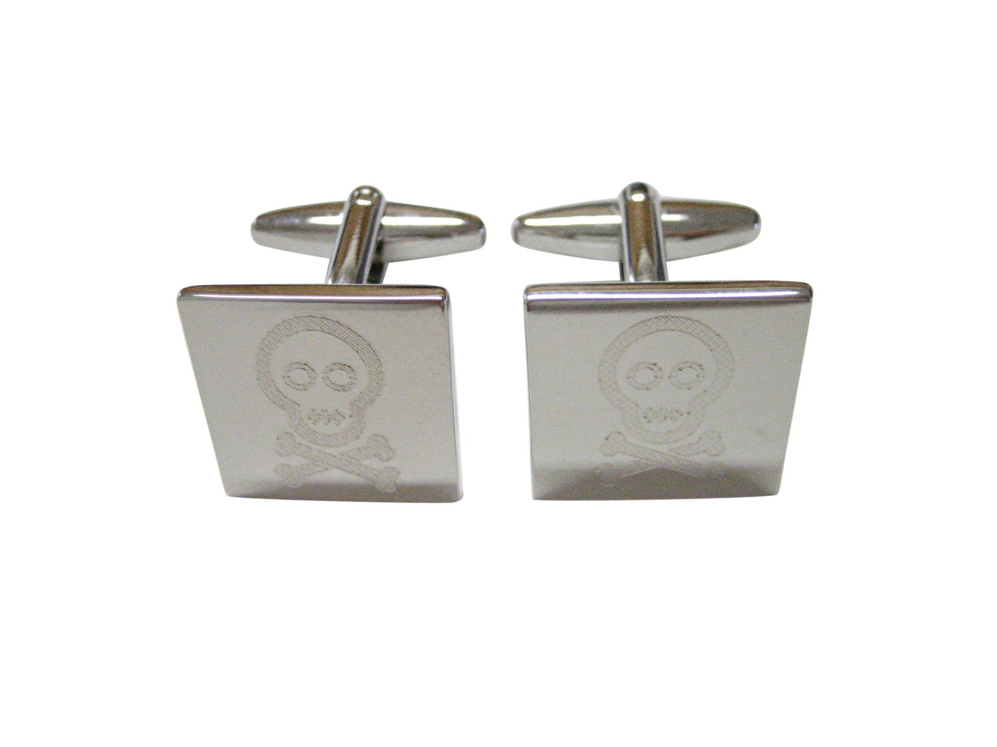 Silver Toned Etched Shy Skull with Crossbones Cufflinks