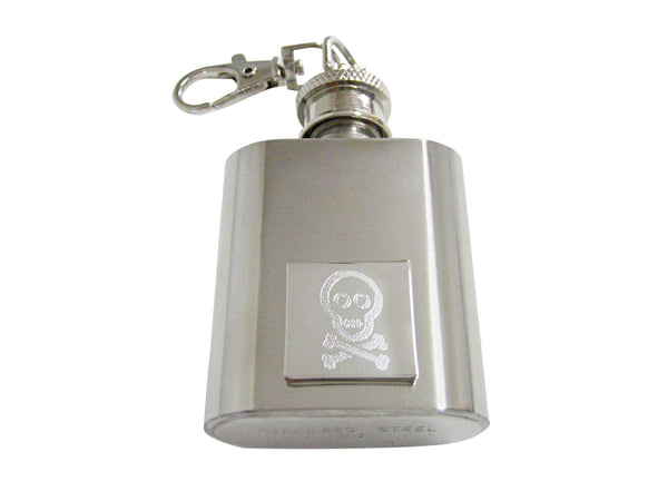 Silver Toned Etched Shy Skull with Crossbones 1 Oz. Stainless Steel Key Chain Flask
