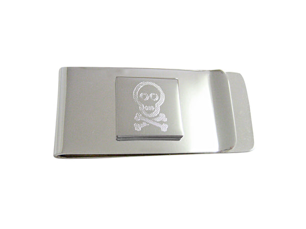 Silver Toned Etched Shy Skull with Crossbones Money Clip