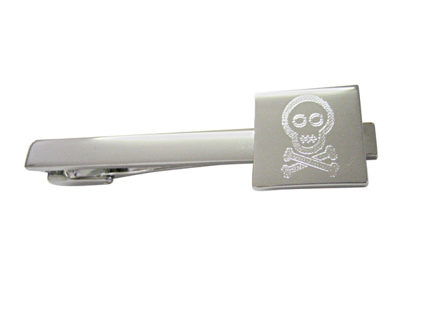 Silver Toned Etched Shy Skull with Crossbones Tie Clip