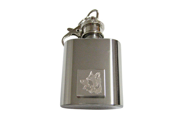 Silver Toned Etched Side Facing Dog Head 1 Oz. Stainless Steel Key Chain Flask