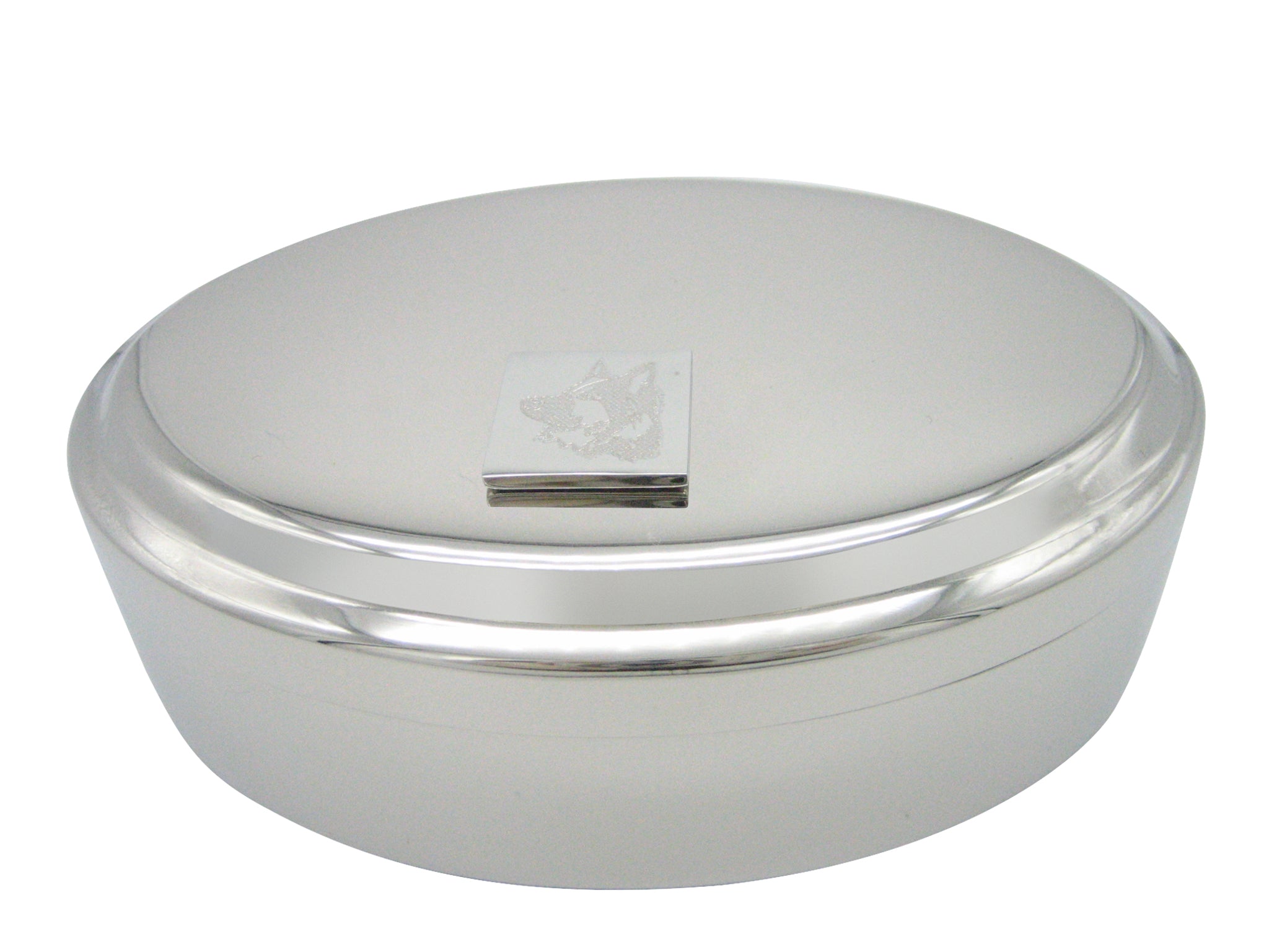 Silver Toned Etched Side Facing Dog Head Pendant Oval Trinket Jewelry Box