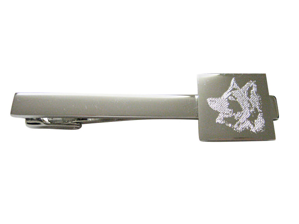 Silver Toned Etched Side Facing Dog Head Square Tie Clip
