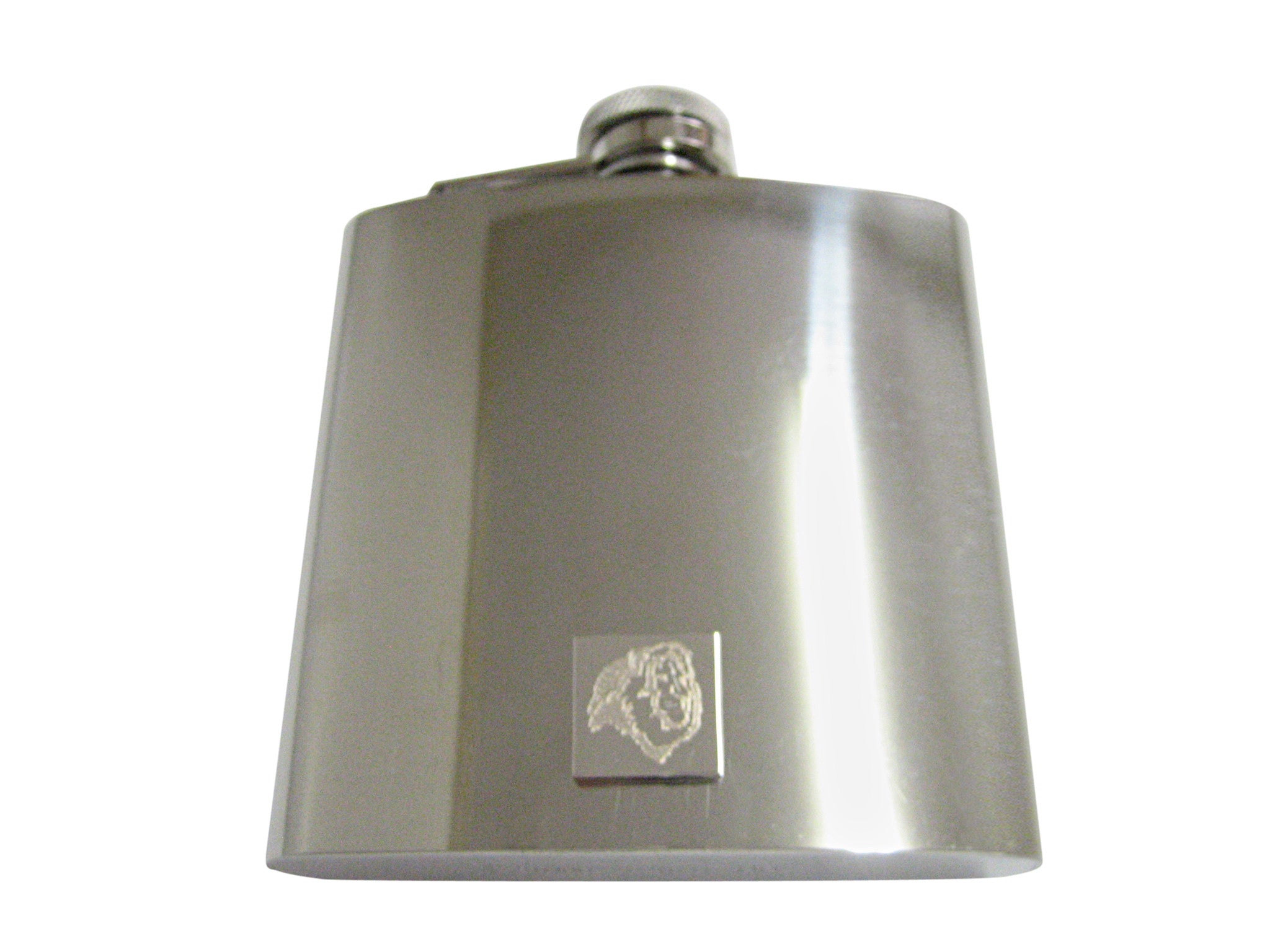 Silver Toned Etched Side Facing Lion Head 6 Oz. Stainless Steel Flask