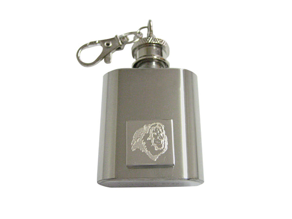 Silver Toned Etched Side Facing Lion Head 1 Oz. Stainless Steel Key Chain Flask