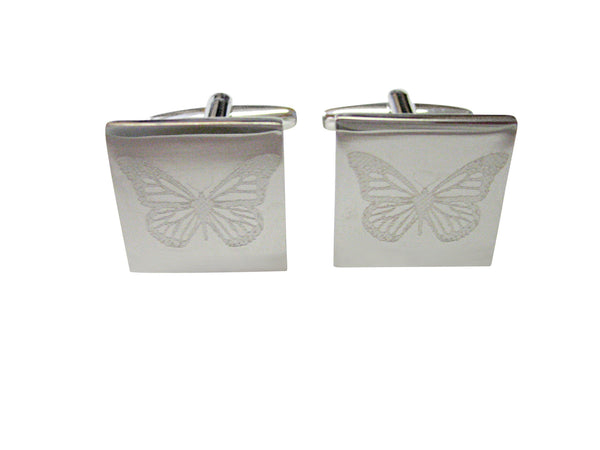 Silver Toned Etched Simple Butterfly Bug Cufflinks