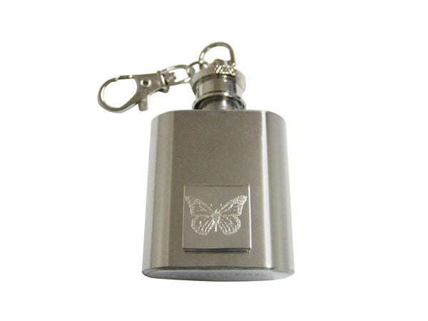 Silver Toned Etched Simple Butterfly Bug 1 Oz. Stainless Steel Key Chain Flask