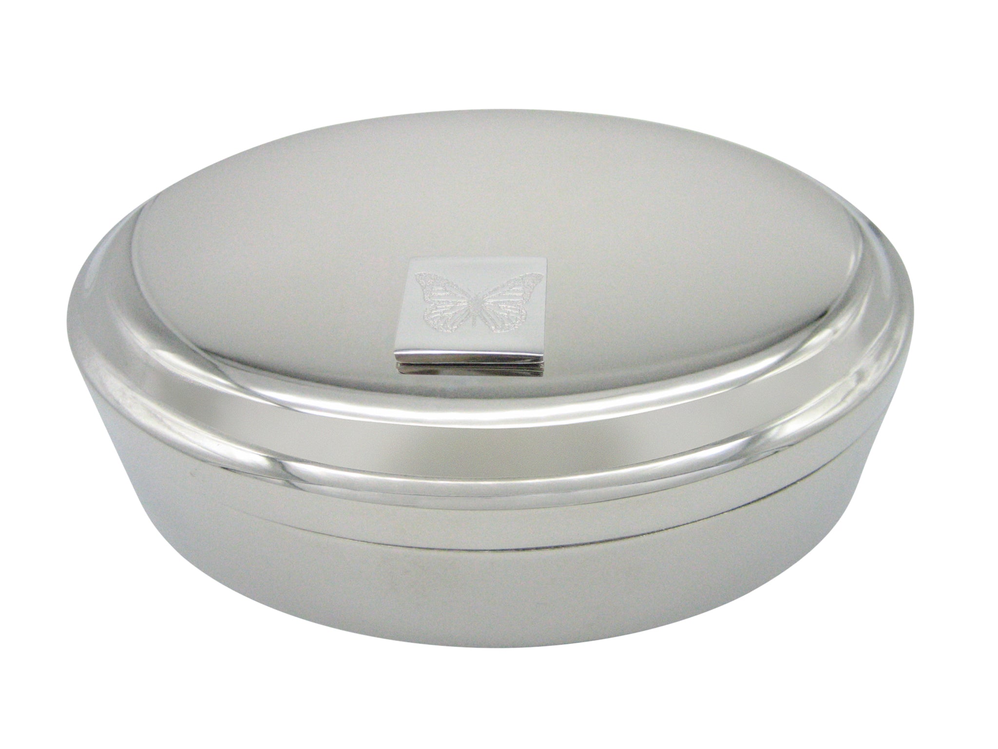 Silver Toned Etched Simple Butterfly Bug Pendant Oval Trinket Jewelry Box