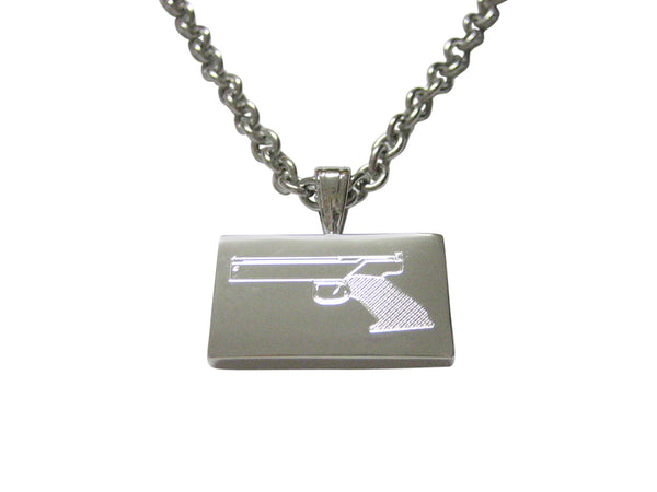 Silver Toned Etched Simple Modern Handgun Pendant Necklace