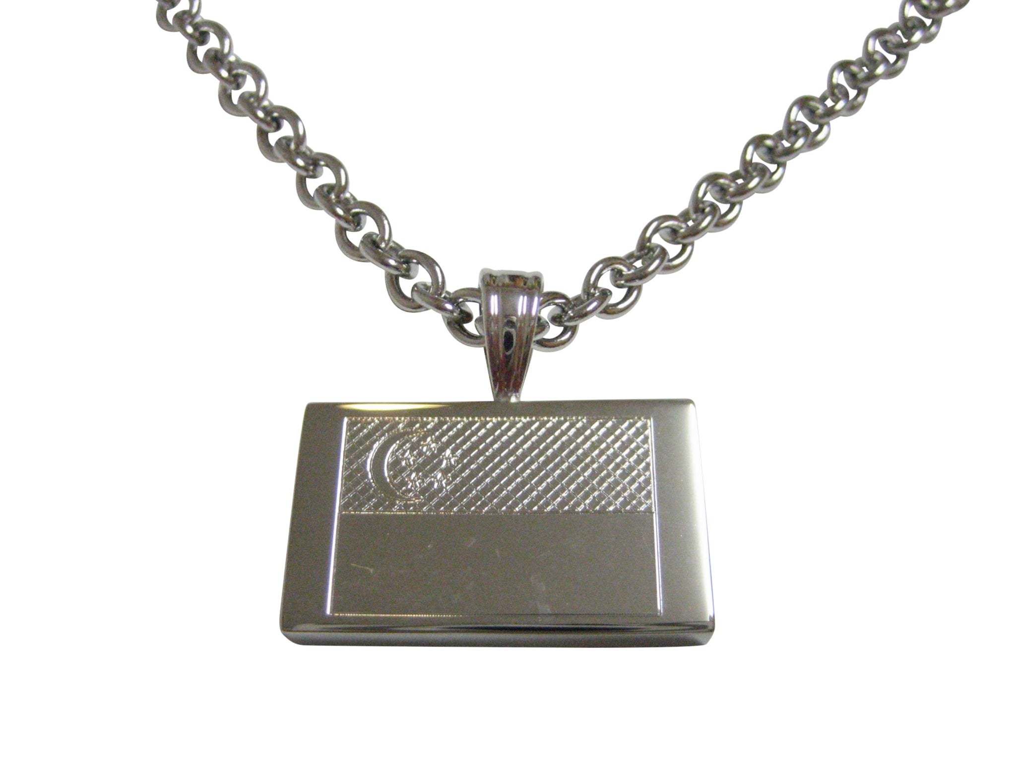 Silver Toned Etched Singapore Flag Pendant Necklace