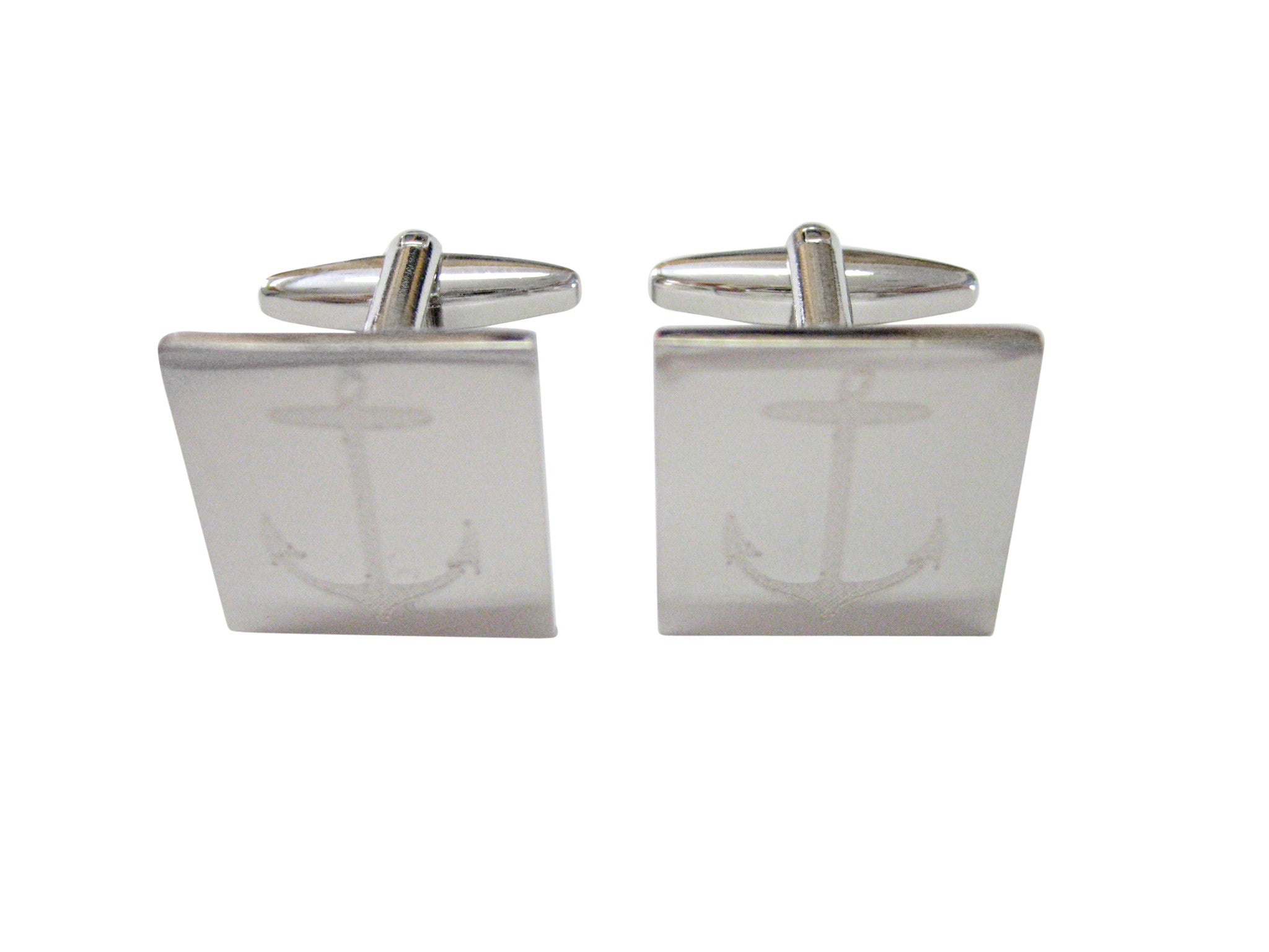 Silver Toned Etched Skinny Nautical Anchor Cufflinks