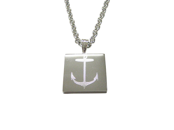 Silver Toned Etched Skinny Nautical Anchor Pendant Necklace