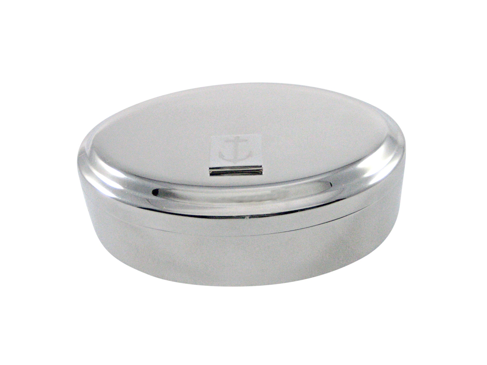 Silver Toned Etched Skinny Nautical Anchor Pendant Oval Trinket Jewelry Box